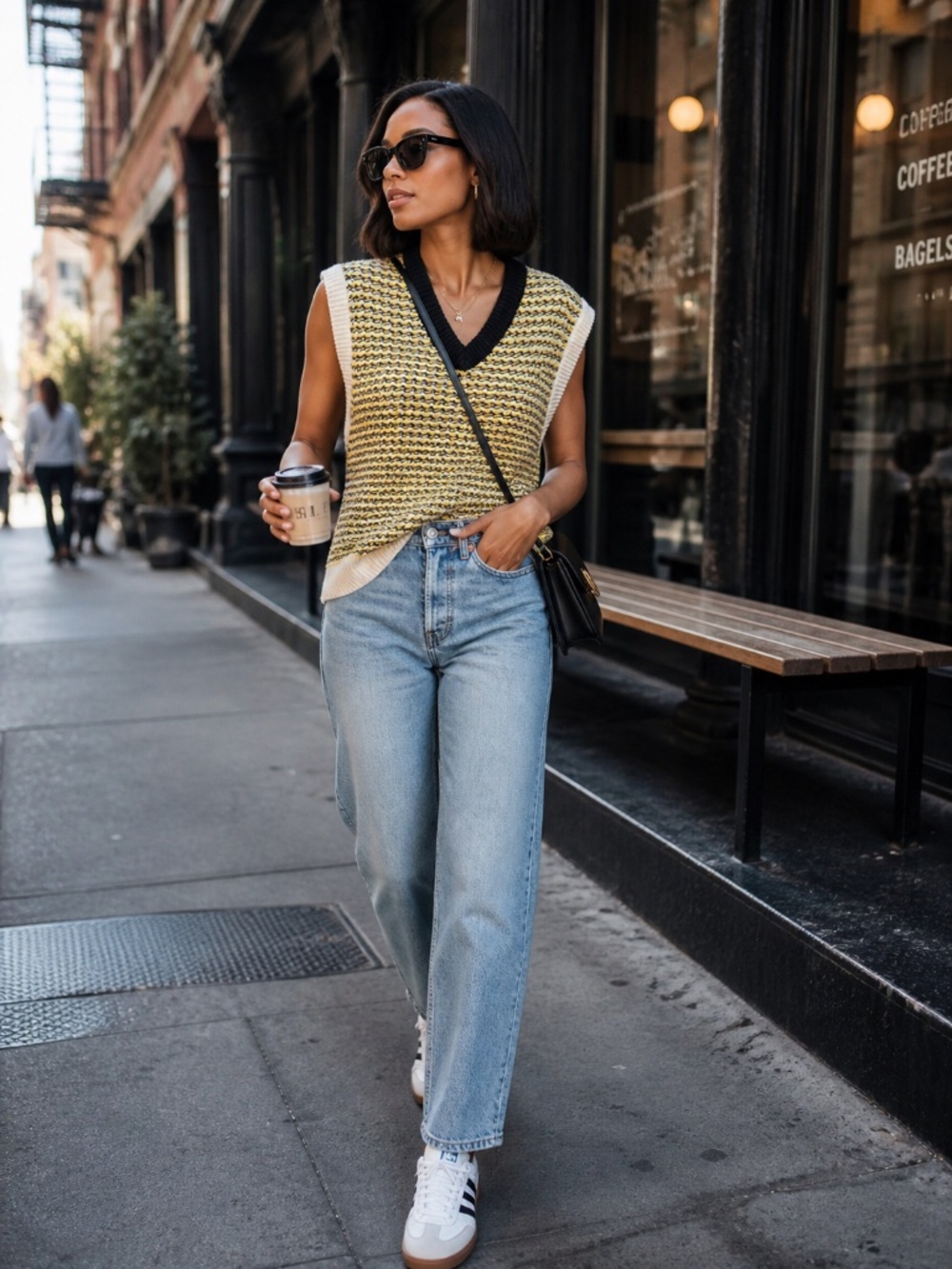 ZARA Textured Knit Sweater Vest S/M Yellow Black Cream Chunky V-Neck Statement L